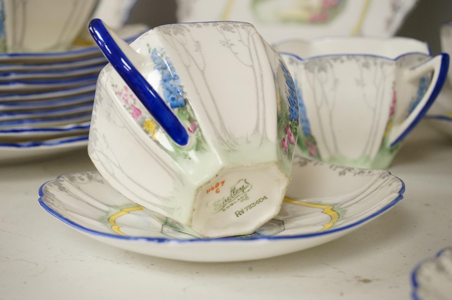An Art Deco Shelley ‘My Garden’ part teaset to include cups, saucers, jugs and sandwich plates